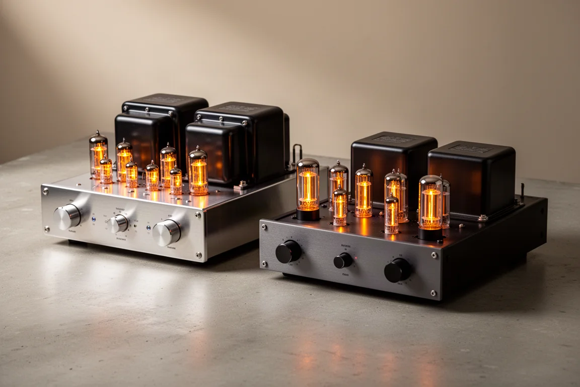 Two tube amplifiers side by side on a concrete surface with glowing glass tubes