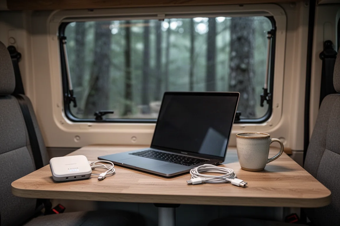 Laptop en satellietterminal opgesteld als mobiel kantoor in een camperbusje