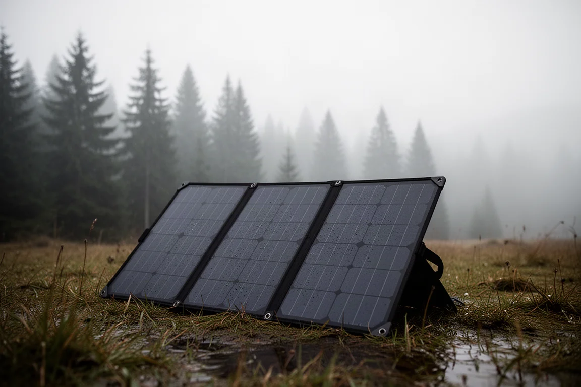 Opvouwbaar zonnepaneel op het gras in een mistige open plek in het bos