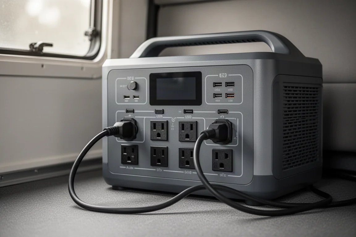 Close-up van stopcontacten van een powerstation met een dikke laadkabel erin