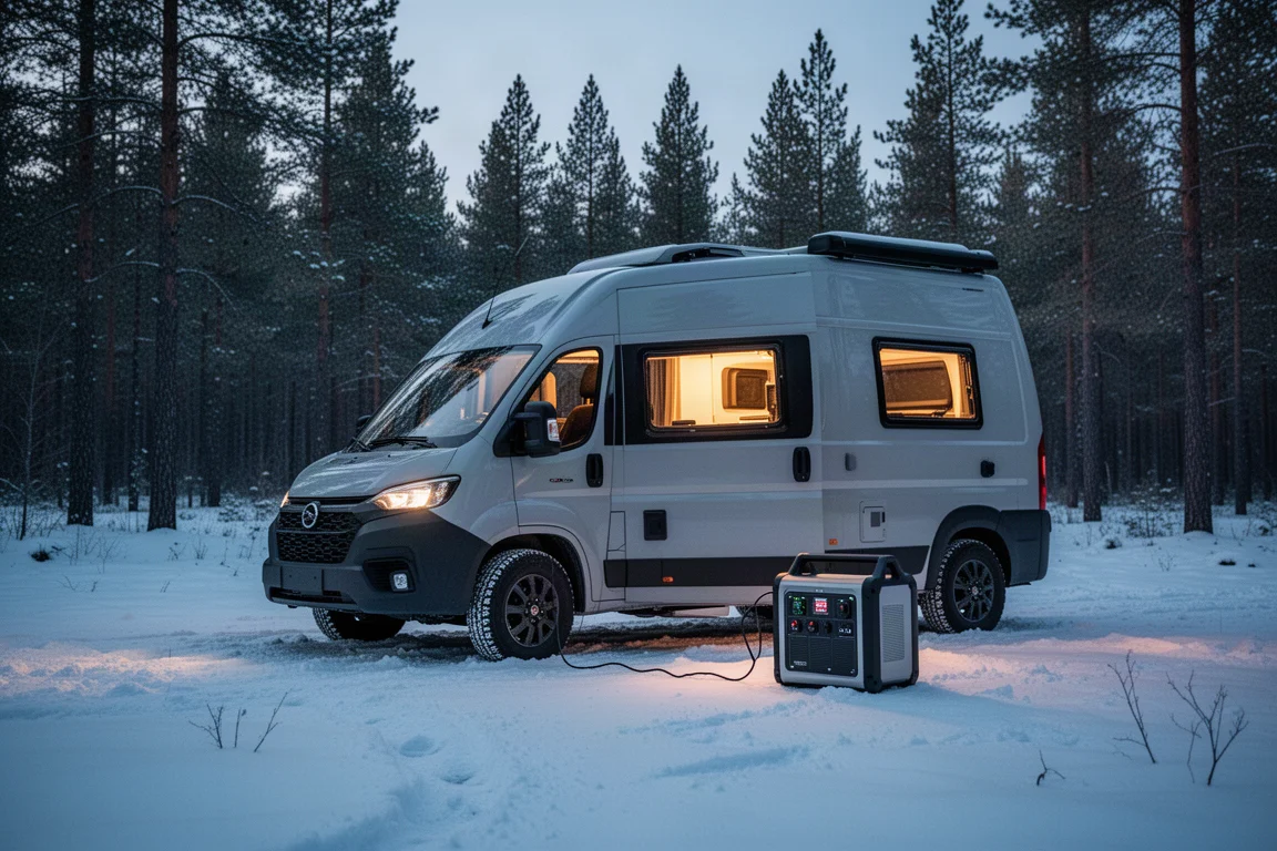 Camperbusje in een besneeuwde open plek in de schemering met een powerstation buiten