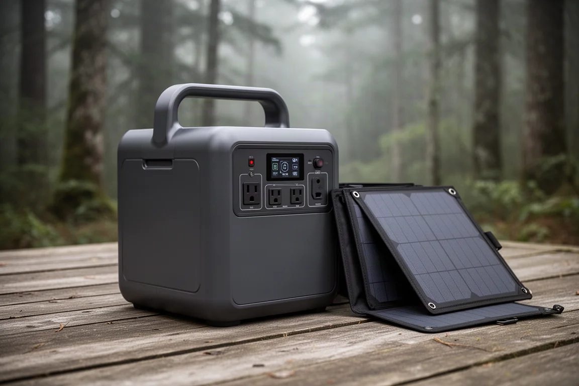 Large grey portable power station beside a folded solar panel on a wooden deck