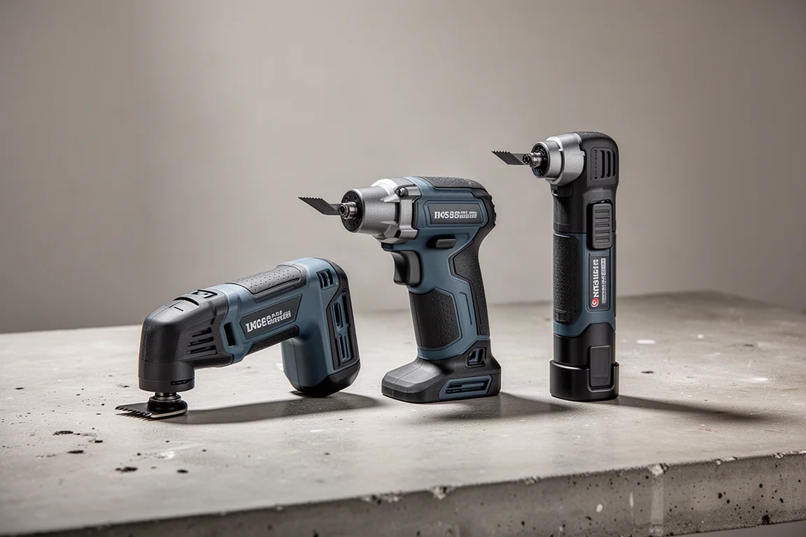Three cordless oscillating multi-tools arranged on a concrete workshop surface