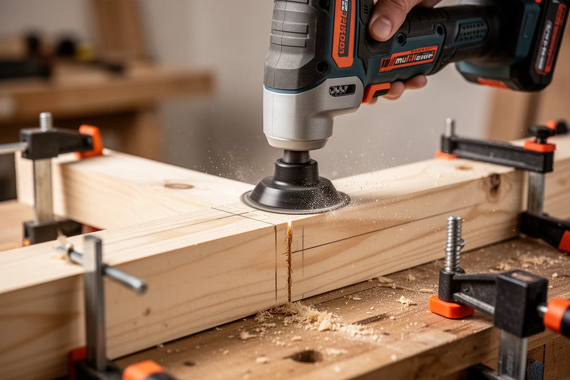Lama per multiutensile oscillante che taglia una travatura 2x4 segnata su una banc da lavoro