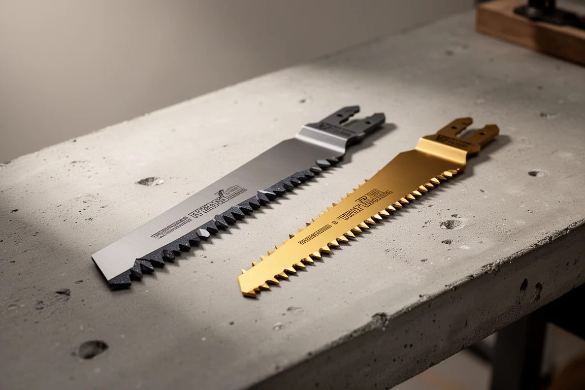 Two oscillating multi-tool blades side by side on a concrete workbench