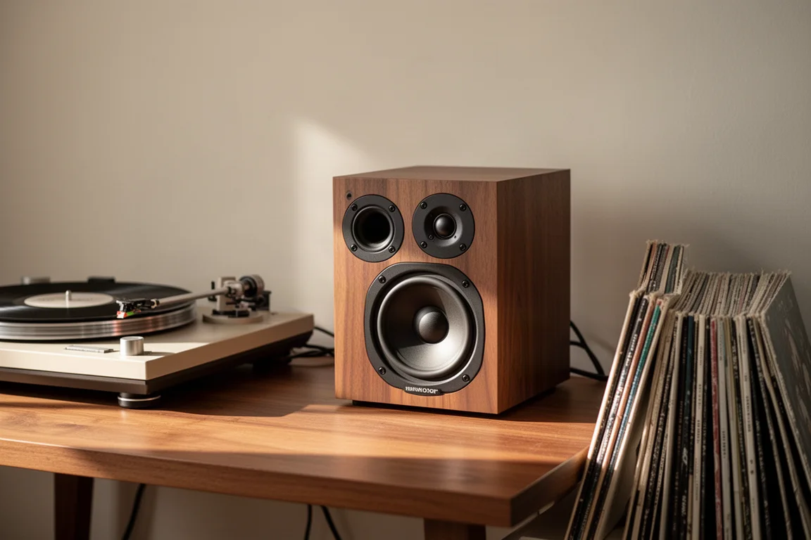 Piccolo impianto hi-fi da scrivania con diffusore da scaffale, giradischi e dischi in vinile