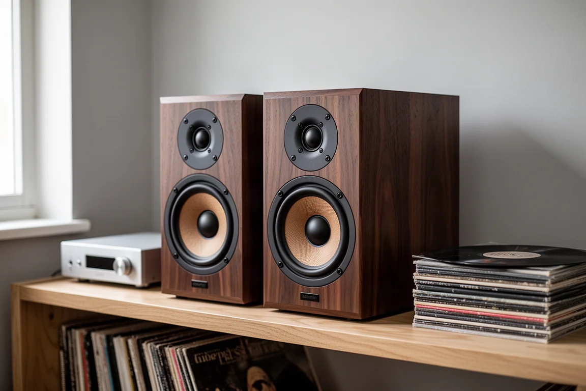 Compact wood-effect bookshelf speakers on an oak shelf beside a small amplifier and records
