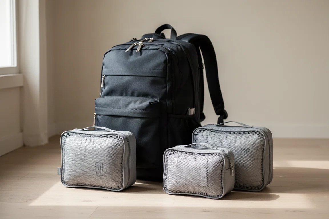 Travel backpack standing beside two mesh compression packing cubes on a wood floor