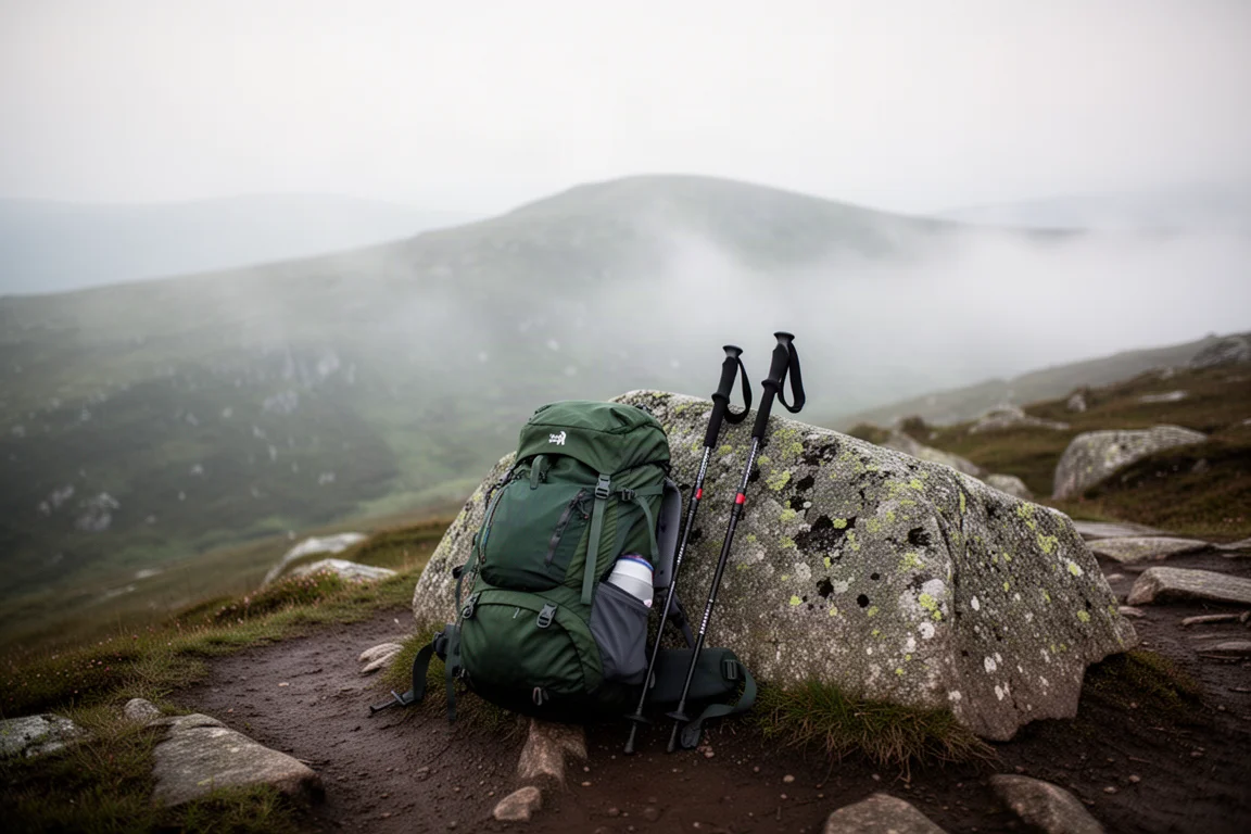 Zaino da trekking carico appoggiato a un masso su un sentiero d'alta quota nella nebbia