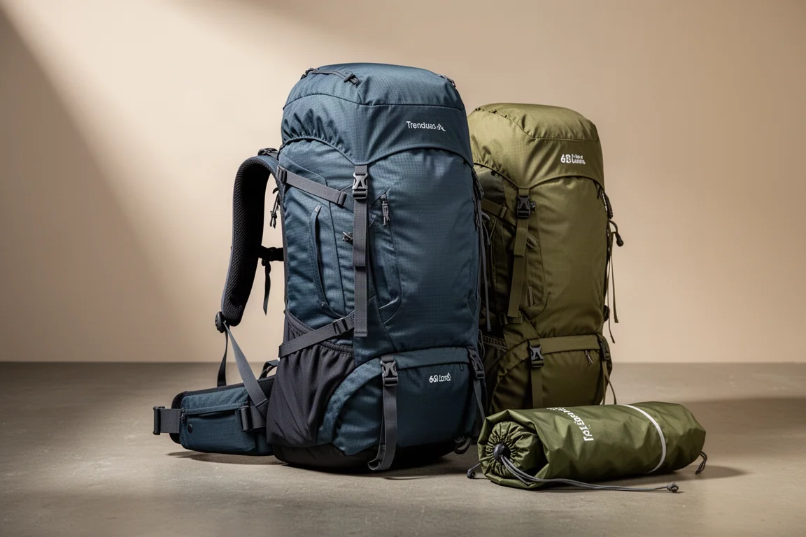 Mochila de caminhada grande de 60 litros e uma mochila menor de 48 litros em um piso de concreto