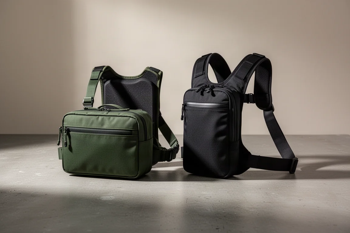 Two hiking chest rigs, one dark green and one black, side by side on a concrete surface