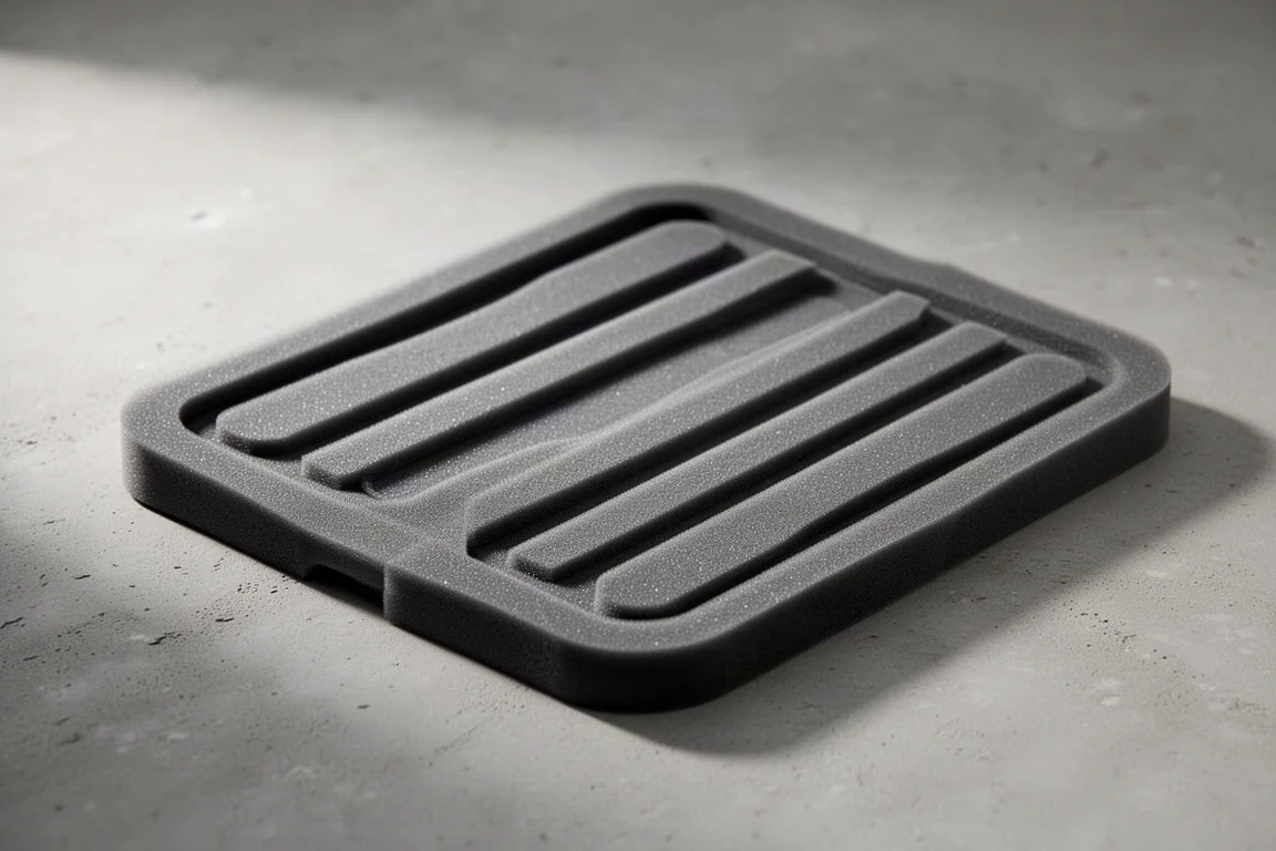 Primer plano de un panel trasero de espuma moldeada con nervios sobre hormigón gris