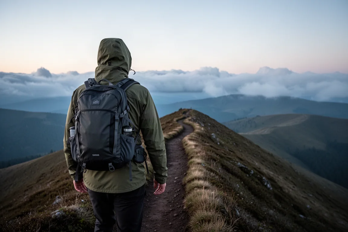 Senderista de espaldas en un sendero de cresta al atardecer con un chest rig y una mochila de día