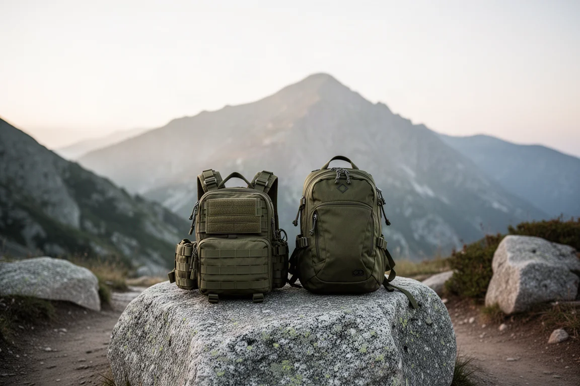 Dos chest rigs y una mochila de día sobre una roca de granito en un inicio de sendero de montaña