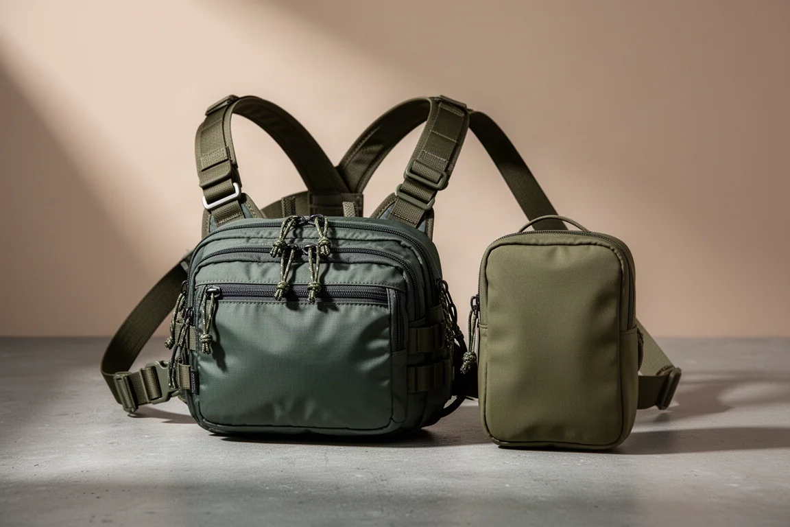 Two hiking chest rigs arranged on a concrete surface in soft studio light