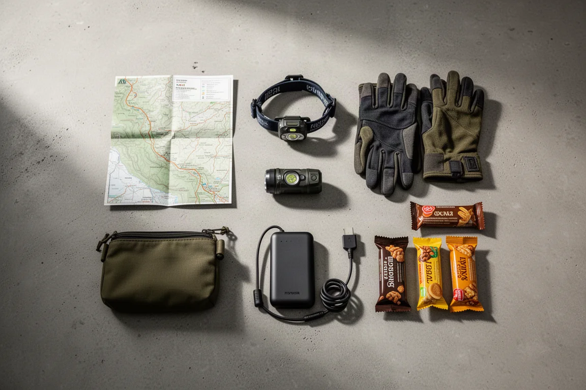 Vista superior de equipamentos de trilha, incluindo mapa, lanterna de cabeça, luvas, saco zip, power bank e lanches
