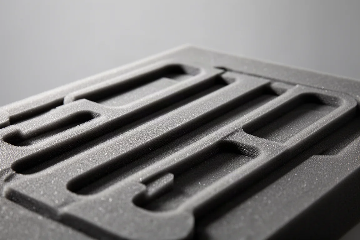 Detalhe macro de um painel traseiro de espuma moldada com cristas salientes e canais rebaixados