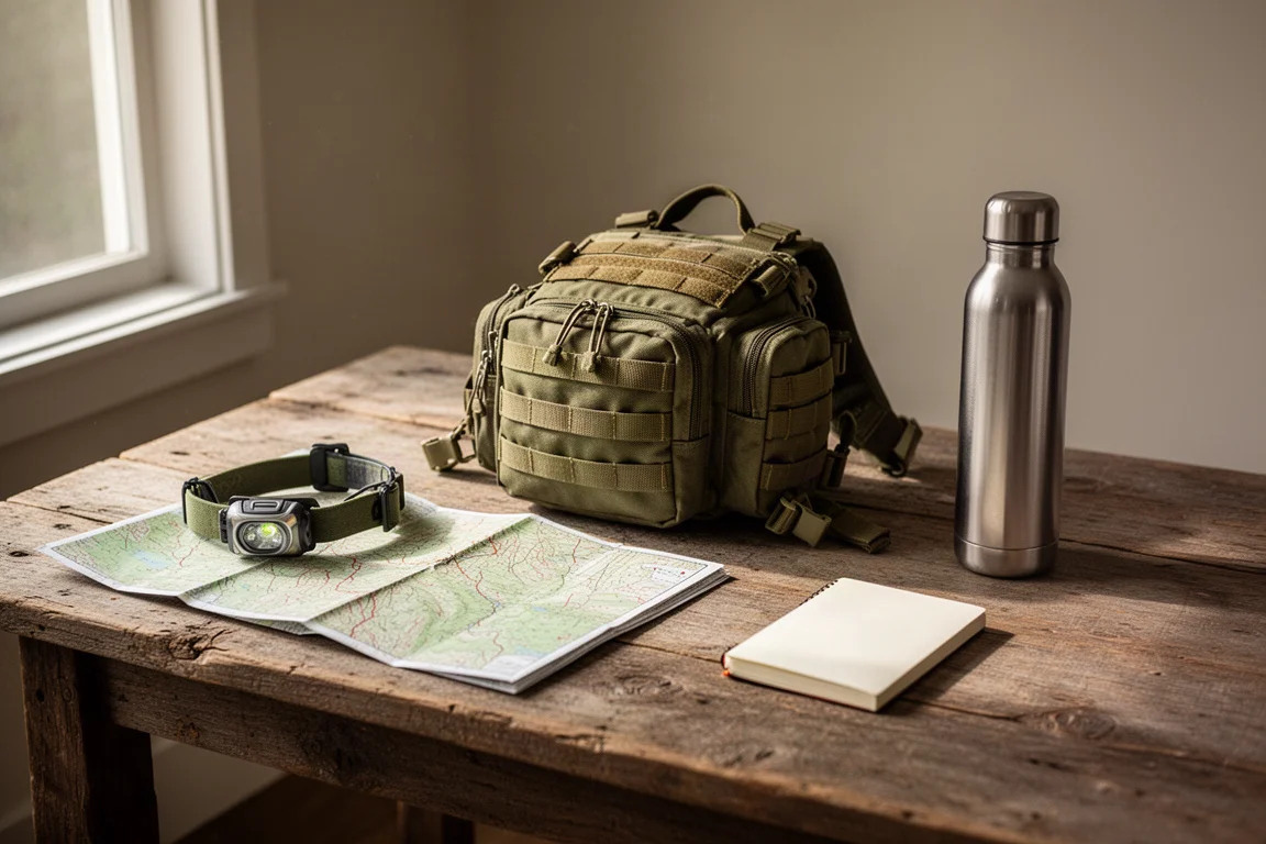 Cena de planejamento na entrada da trilha com chest rig, mapa topográfico, lanterna de cabeça e garrafa de água sobre uma mesa de madeira
