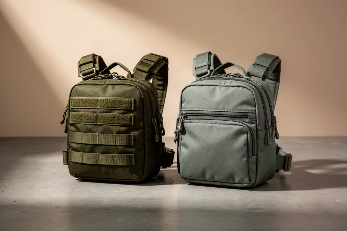 Two compact chest rigs side by side on a matte concrete surface in soft studio light