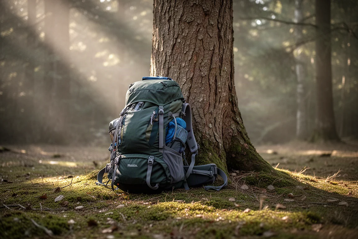 Trilheiro visto de costas carregando uma mochila grande carregada em uma trilha de longa distância com neblina