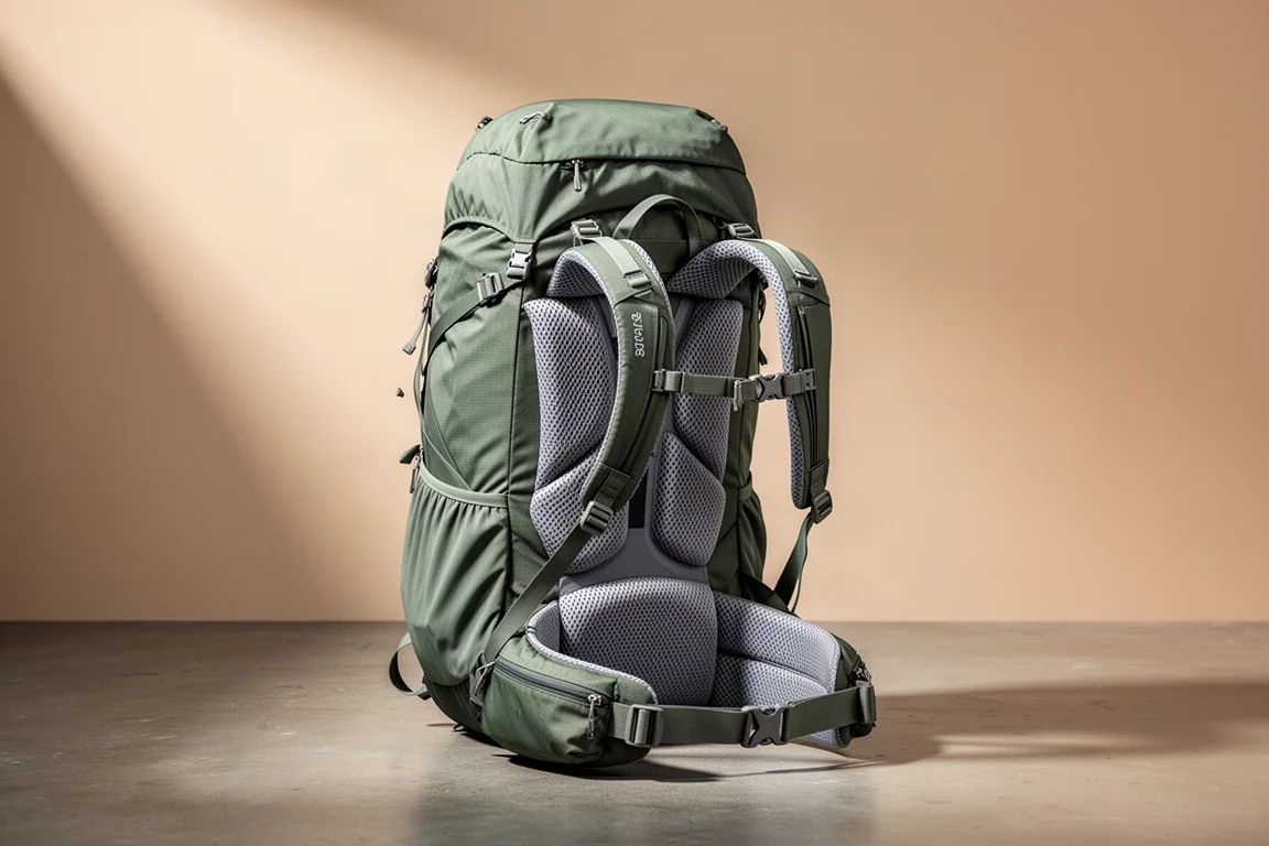 Mochila técnica verde para mochilão com painel traseiro de malha ventilada apoiada no concreto
