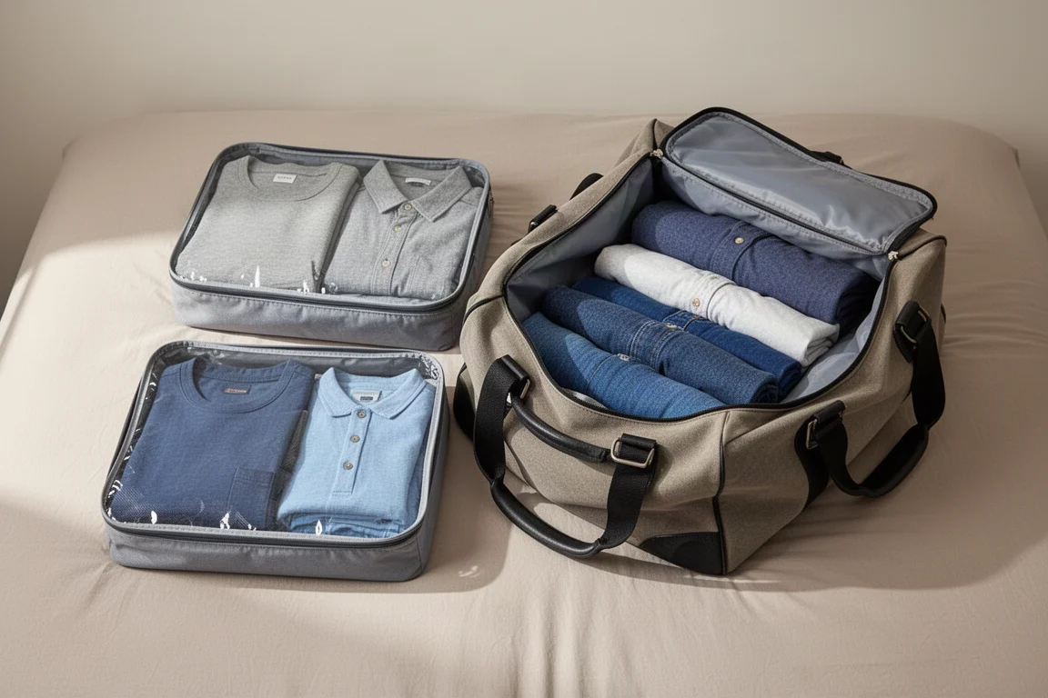 Packing cubes en kleding die worden ingedeeld in een grote, open duffel