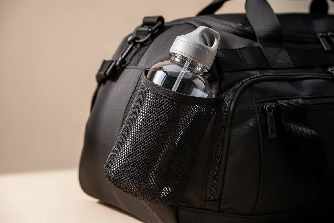 Close-up van een mesh-zijzak voor een waterfles aan de zijkant van een duffeltas