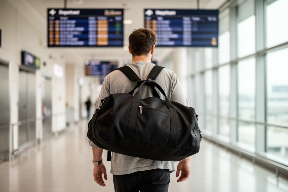 Reiziger die door een luchthaventerminal loopt met een duffel als rugzak gedragen