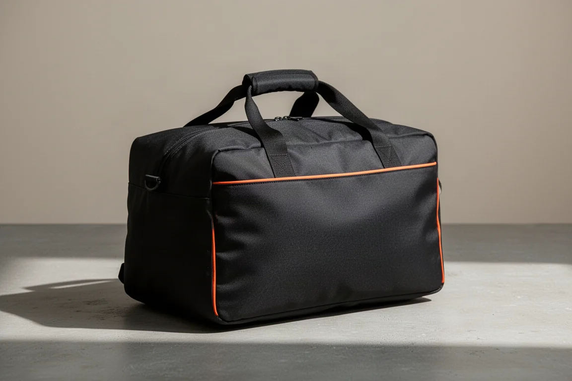 Black minimalist travel duffel bag with orange trim on a concrete surface