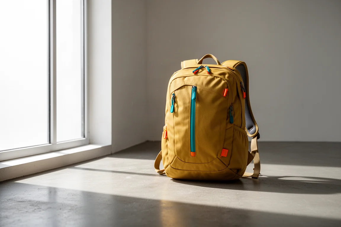 Yellow travel backpack standing upright on a concrete floor in soft light