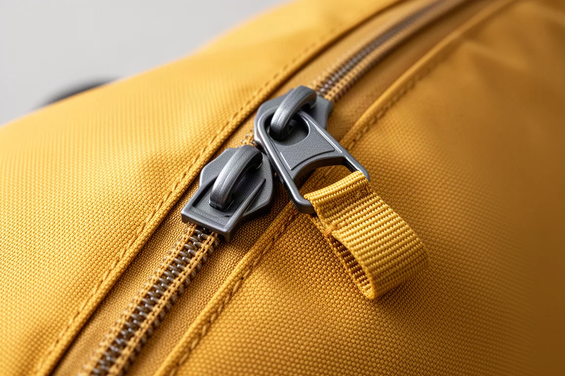Close-up of a large locking zipper with a fabric loop for attaching a padlock