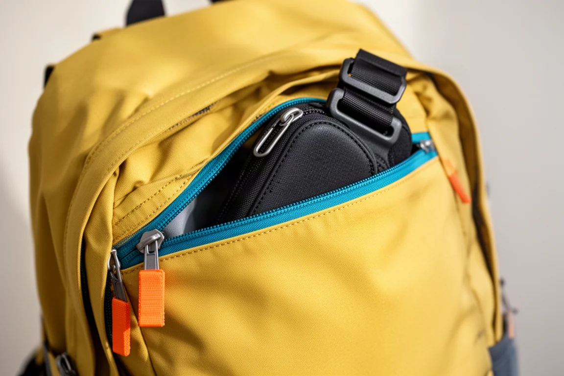 Open front zipper pocket of a travel pack holding a small sling bag