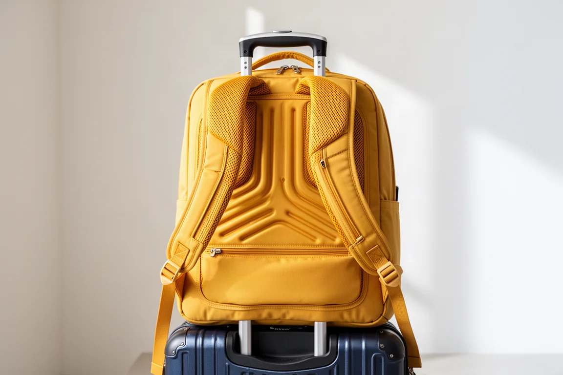 Back panel and shoulder straps of a travel pack resting against a luggage handle