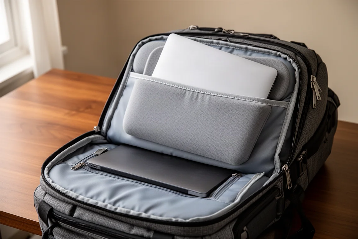 Kieszeń na laptopa z wsuwanym laptopem do grubo wyściełanej przegrody