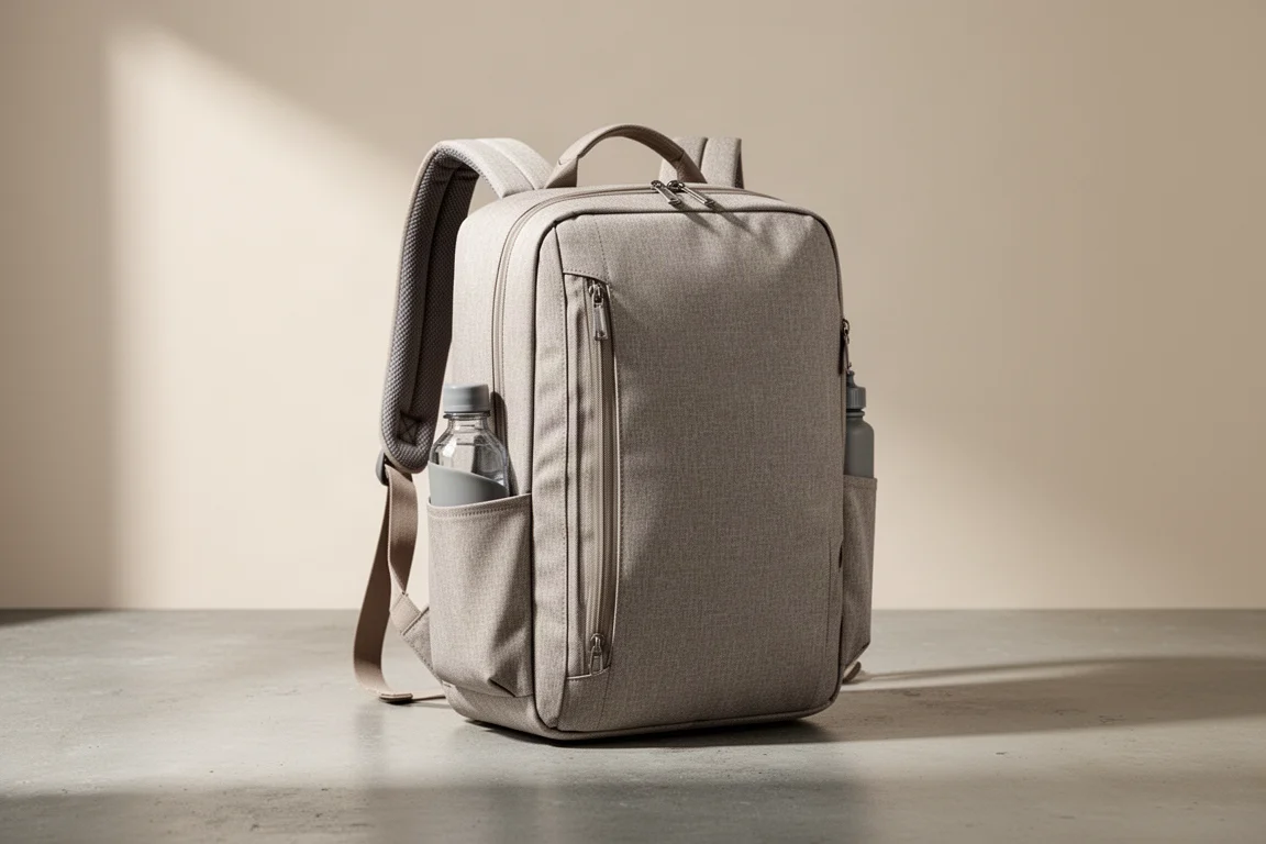 Osprey Daylight Expandable travel backpack standing upright on a concrete surface