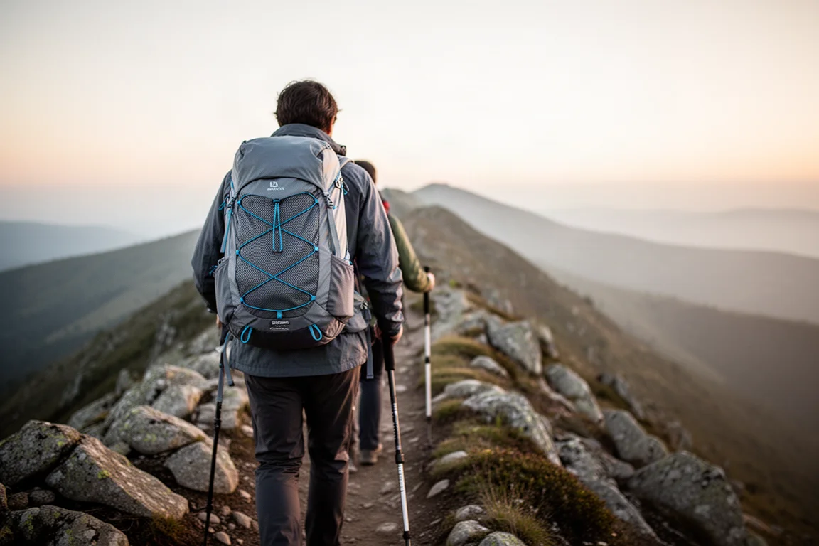 Vandrare som går på en bergsled och bär en packad lättviktsryggsäck