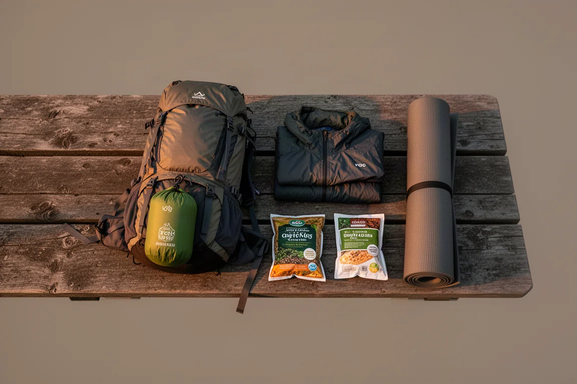 Backpackingutrustning uppradad bredvid ett tält i skymningen på en campingplats