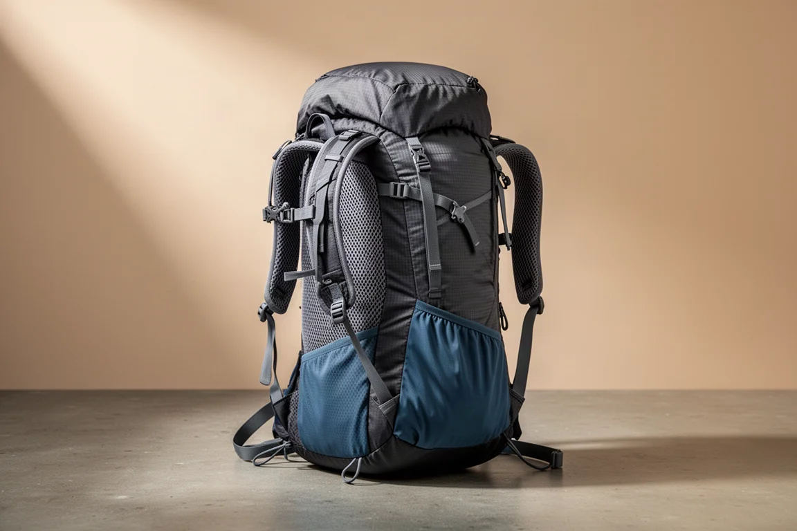 Lightweight grey and blue hiking backpack standing on a matte concrete surface