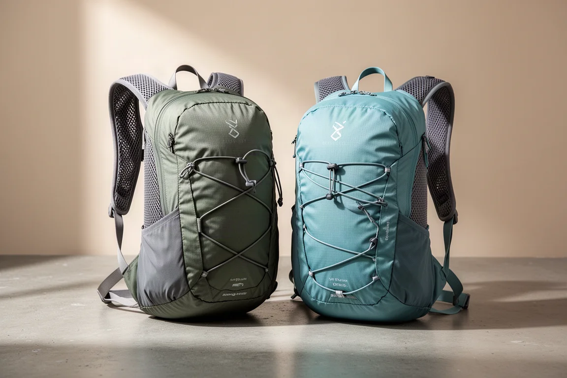 Two ultralight 55-litre hiking backpacks standing side by side on a concrete surface