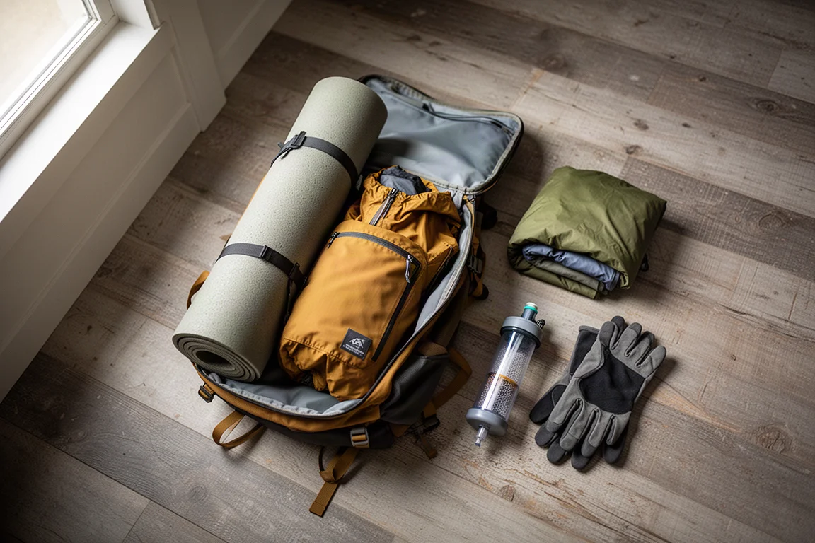 Close-up van een gespannen mesh rugpaneel op een beladen backpackingrugzak
