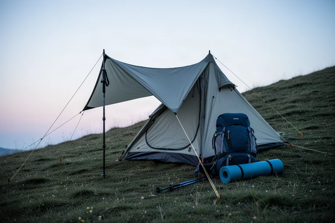 Tienda de bastones de trekking montada en una ladera con hierba al atardecer y una mochila cerca