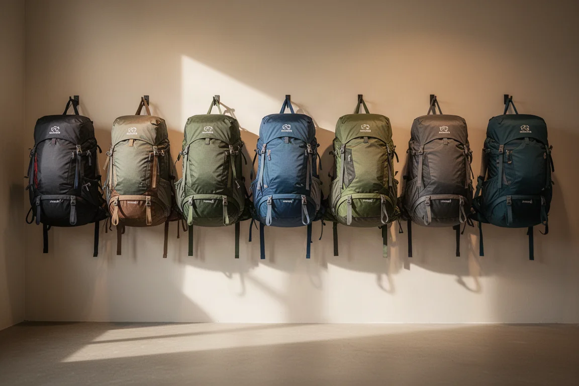 Fila de mochilas de senderismo de distintos tamaños colgadas en la pared expositora de una tienda