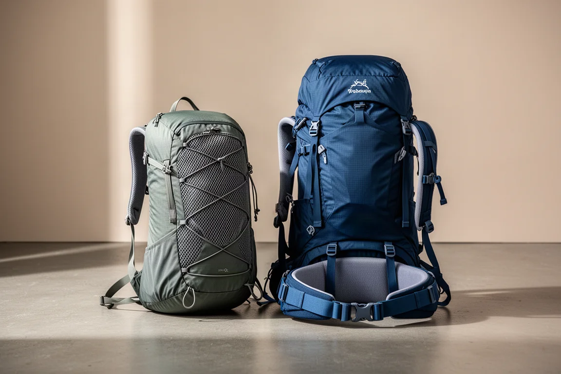 Duas mochilas de trilha lado a lado em um piso de concreto, uma leve e outra com muito acolchoamento
