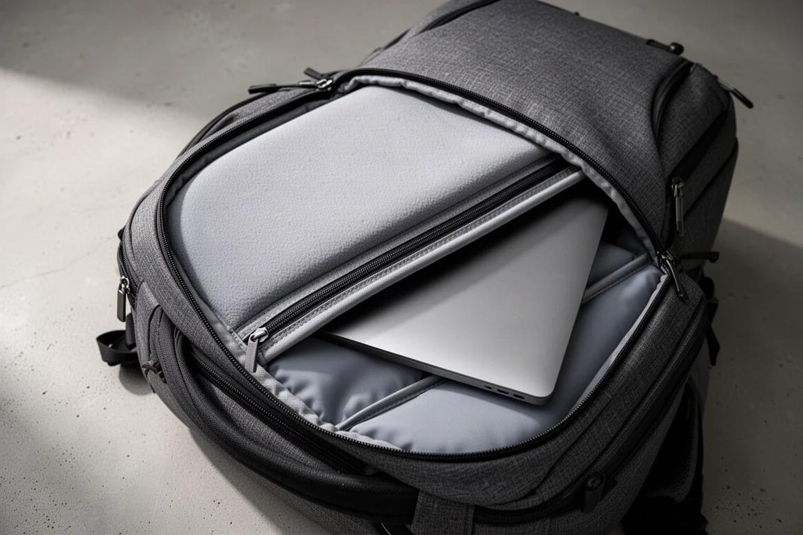 Laptop che scorre in un vano posteriore imbottito di uno zaino da viaggio