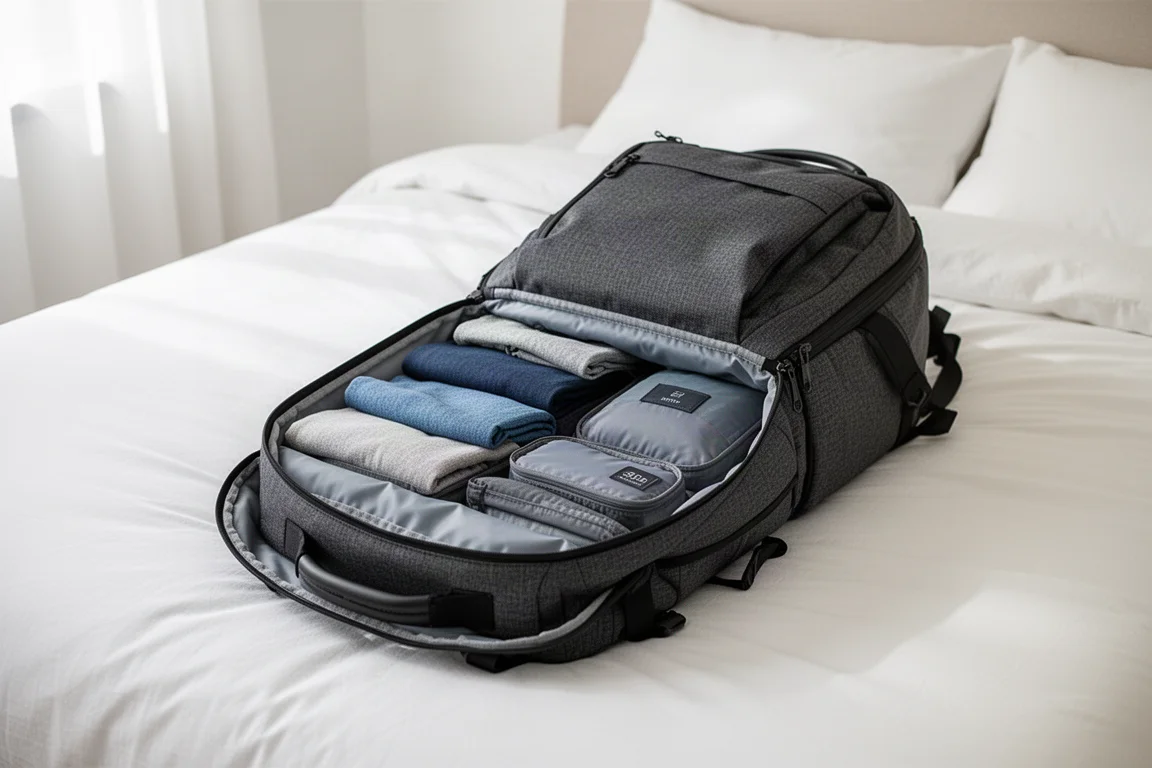 Zaino aperto in piano su un letto con abbigliamento sistemato per un viaggio