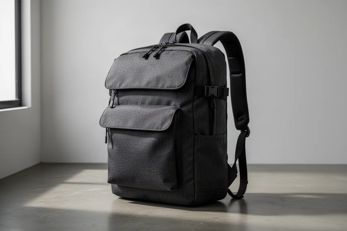 Charcoal 40-litre travel backpack standing on a concrete surface