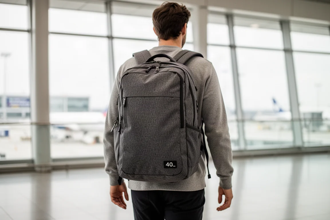 Traveler with a 40-liter carry-on backpack in an airport terminal