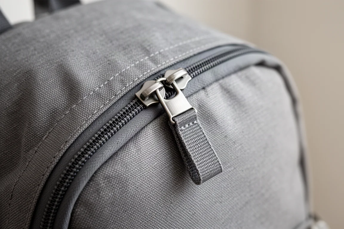 Close-up of brushed metal YKK zipper with metal and fabric pull tabs
