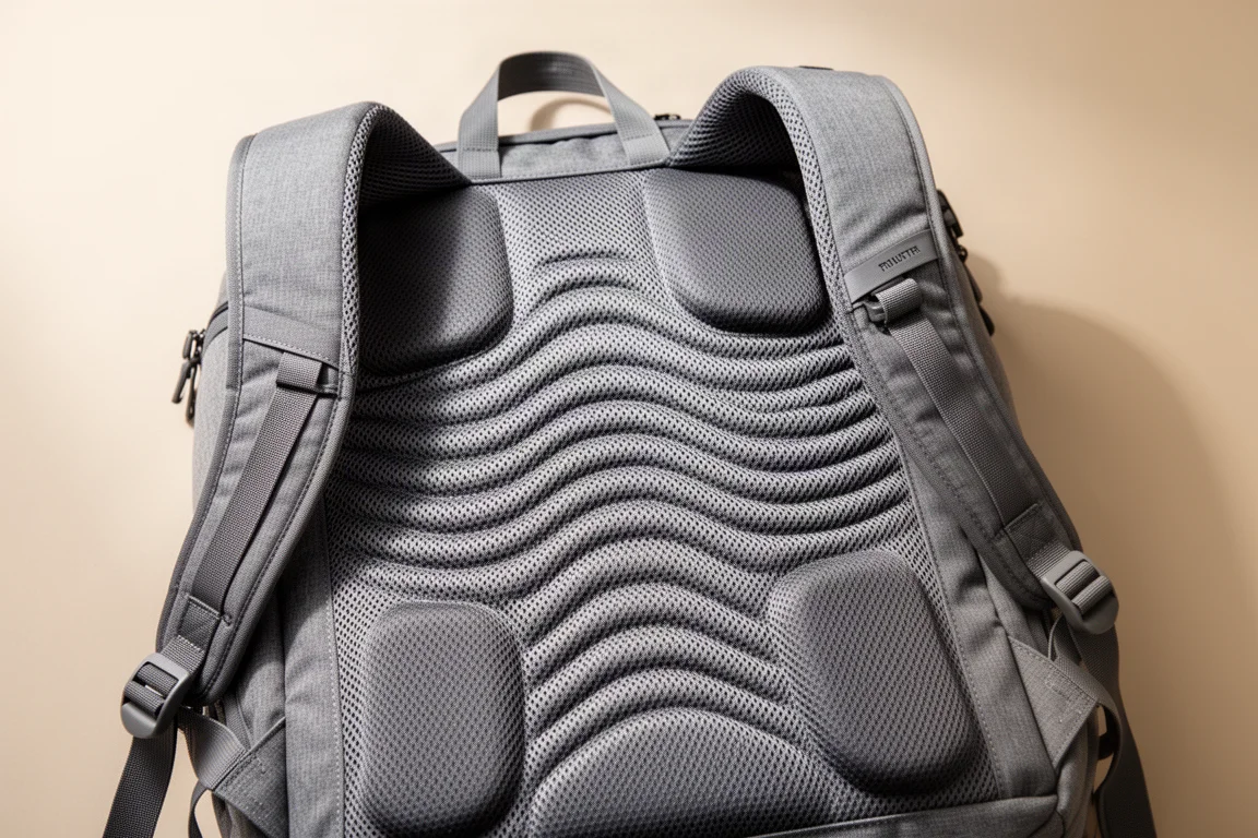 Back padding of a travel backpack showing breathable mesh over wavy ridges