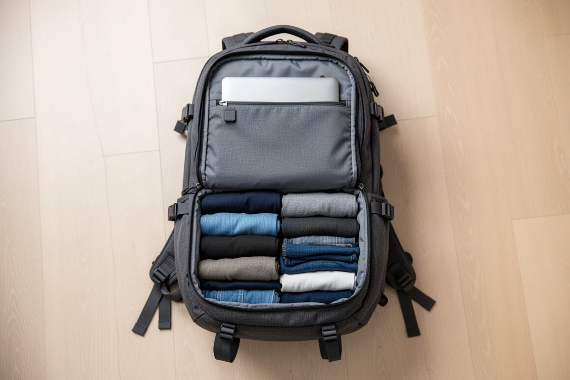 Open main compartment of a 40-liter travel backpack packed with clothing